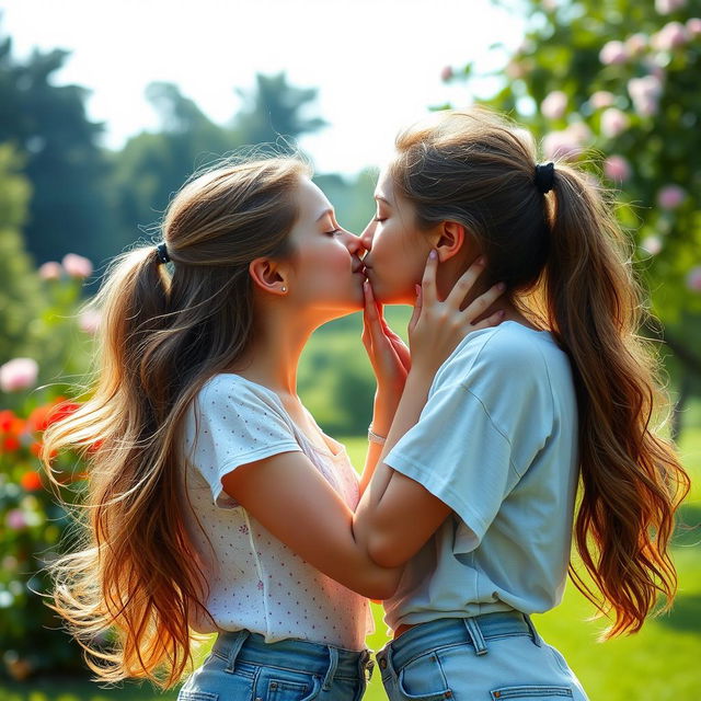 A realistic and tender portrayal of two teenage girls sharing a kiss, set in a serene outdoor environment