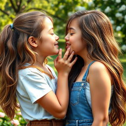 A realistic and tender portrayal of two teenage girls sharing a kiss, set in a serene outdoor environment