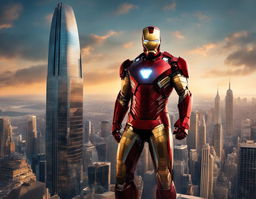 Digital art of Iron Man in his iconic armor standing on a skyscraper at dusk, ready for action.