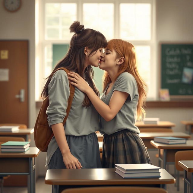 A realistic depiction of two teenage girls sharing a kiss in a classroom setting