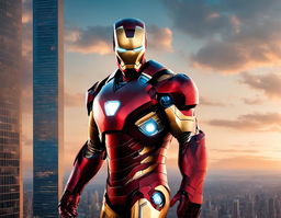 Digital art of Iron Man in his iconic armor standing on a skyscraper at dusk, ready for action.