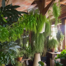 A bohemian style room filled with a variety of lush, vibrant plants, designed in a simple and cute way.