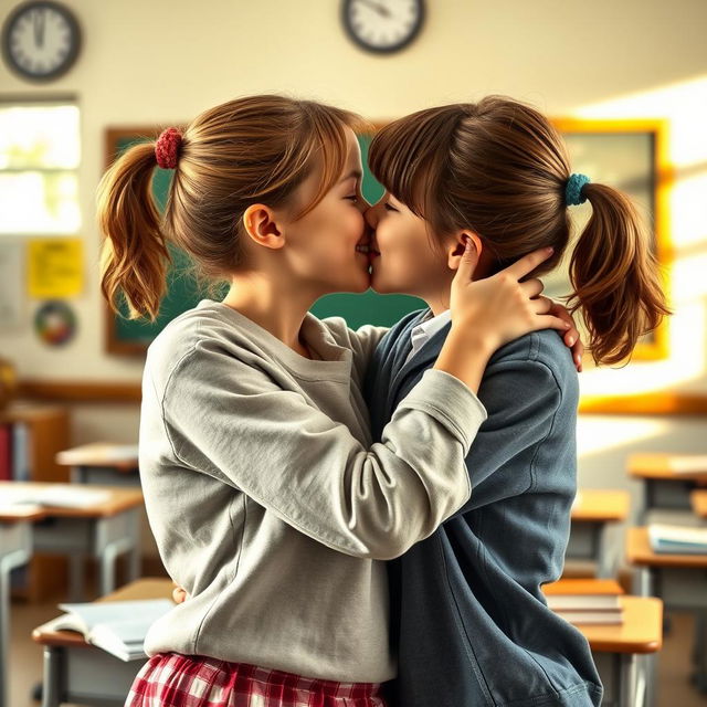 A very realistic portrayal of two teenage girls embracing and sharing a kiss in a classroom setting