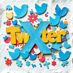 A colorful paper collage inspired by Twitter, prominently featuring the name 'X' in bold, stylized typography