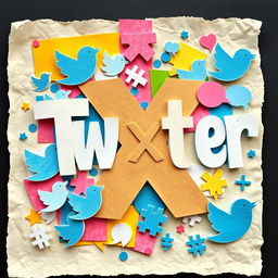 A colorful paper collage inspired by Twitter, prominently featuring the name 'X' in bold, stylized typography