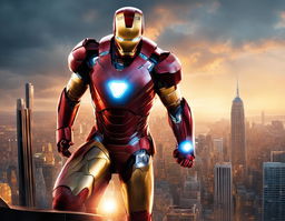 Digital art of Iron Man in his iconic armor standing on a skyscraper at dusk, ready for action.