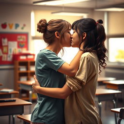 A very realistic and intimate portrayal of two teenage girls hugging and sharing a kiss in a classroom setting