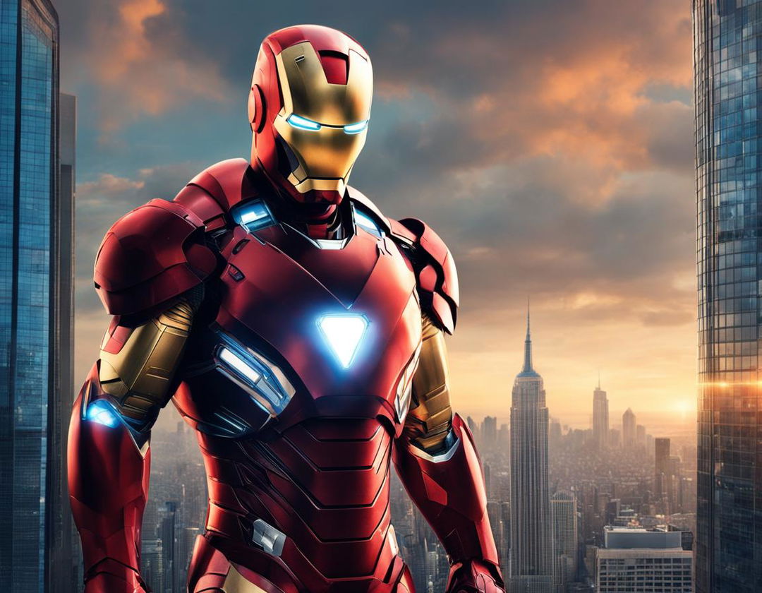 Digital art of Iron Man in his iconic armor standing on a skyscraper at dusk, ready for action.