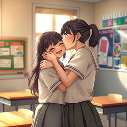 A very realistic and intimate scene of two school girls hugging and sharing a kiss in a classroom