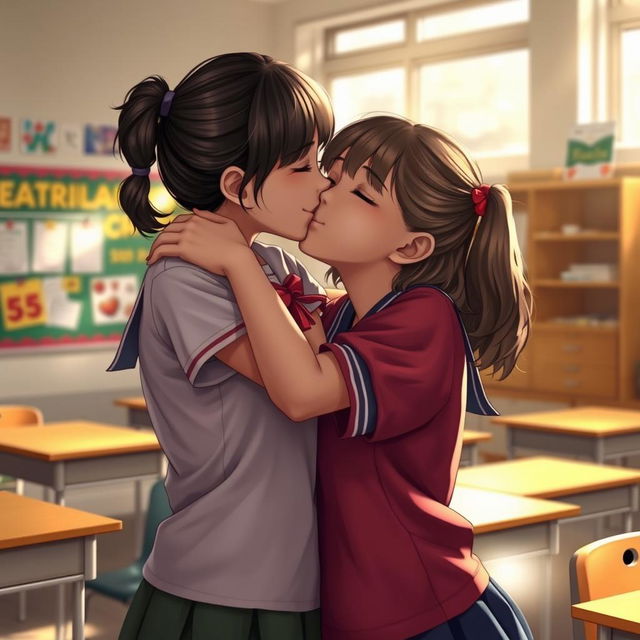 A very realistic and intimate scene of two school girls hugging and sharing a kiss in a classroom