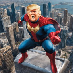 Raw 200mm photograph of Donald Trump as a Marvel superhero standing atop a skyscraper with the cityscape below.