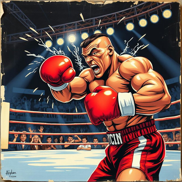 A dynamic and powerful illustration of a boxing match featuring a muscular fighter resembling Mike Tyson delivering a fierce knockout punch