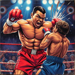 A dynamic and powerful illustration of a boxing match featuring a muscular fighter resembling Mike Tyson delivering a fierce knockout punch