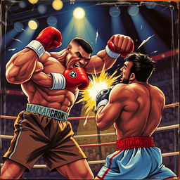 A dynamic and powerful illustration of a boxing match featuring a muscular fighter resembling Mike Tyson delivering a fierce knockout punch