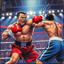 A dynamic and powerful illustration of a boxing match featuring a muscular fighter resembling Mike Tyson delivering a fierce knockout punch