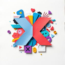 A vibrant paper collage inspired by the X app, prominently featuring the name 'X' in bold, stylized typography