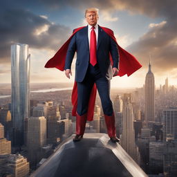 Raw 200mm photograph of Donald Trump as a Marvel superhero standing atop a skyscraper with the cityscape below.