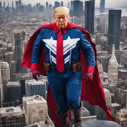 Raw 200mm photograph of Donald Trump as a Marvel superhero standing atop a skyscraper with the cityscape below.