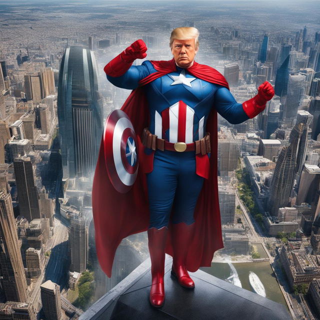 Raw 200mm photograph of Donald Trump as a Marvel superhero standing atop a skyscraper with the cityscape below.