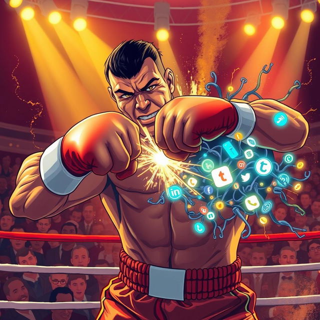 A powerful and intense illustration of a muscular boxer resembling a mid-fight Mike Tyson delivering a strong punch that metaphorically knocks out a giant, glowing representation of the internet – depicted as a web of cables and digital icons, sparking and collapsing dramatically