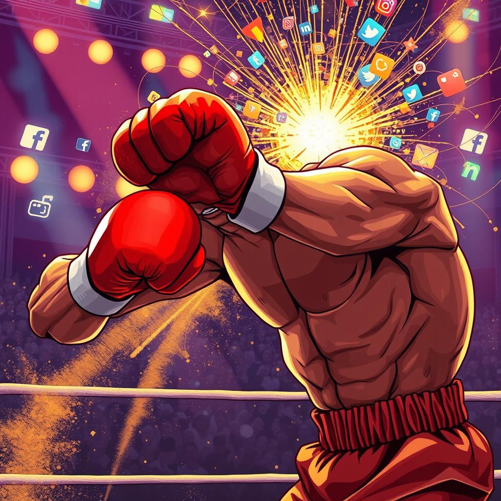 A powerful and intense illustration of a muscular boxer resembling a mid-fight Mike Tyson delivering a strong punch that metaphorically knocks out a giant, glowing representation of the internet – depicted as a web of cables and digital icons, sparking and collapsing dramatically