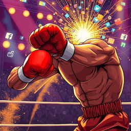 A powerful and intense illustration of a muscular boxer resembling a mid-fight Mike Tyson delivering a strong punch that metaphorically knocks out a giant, glowing representation of the internet – depicted as a web of cables and digital icons, sparking and collapsing dramatically