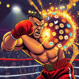 A powerful and intense illustration of a muscular boxer resembling a mid-fight Mike Tyson delivering a strong punch that metaphorically knocks out a giant, glowing representation of the internet – depicted as a web of cables and digital icons, sparking and collapsing dramatically