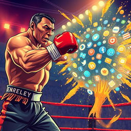 A powerful and intense illustration of a muscular boxer resembling a mid-fight Mike Tyson delivering a strong punch that metaphorically knocks out a giant, glowing representation of the internet – depicted as a web of cables and digital icons, sparking and collapsing dramatically