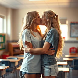 A very realistic and intimate scene depicting two blonde girls hugging and sharing a kiss in a classroom