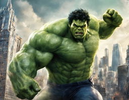 Digital art of The Hulk in a dynamic pose, roaring in the midst of a cityscape.