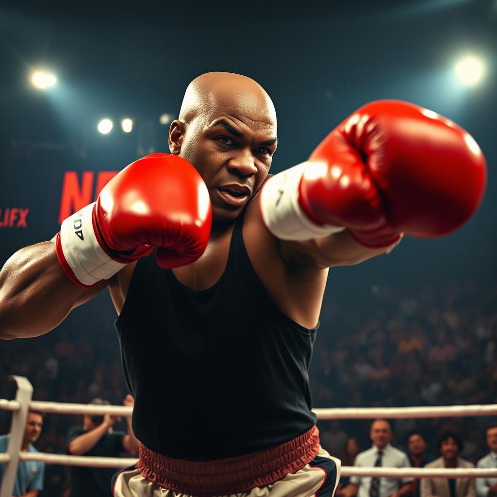 A dynamic scene depicting Mike Tyson in his prime, wearing red boxing gloves and a black tank top, delivering a powerful knockout punch