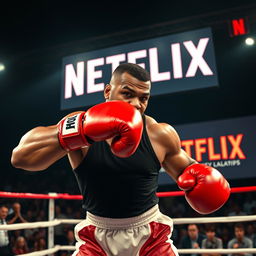 A dynamic scene depicting Mike Tyson in his prime, wearing red boxing gloves and a black tank top, delivering a powerful knockout punch