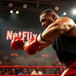 A dynamic scene depicting Mike Tyson in his prime, wearing red boxing gloves and a black tank top, delivering a powerful knockout punch