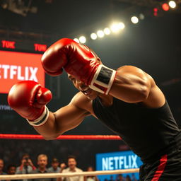 A dynamic scene depicting Mike Tyson in his prime, wearing red boxing gloves and a black tank top, delivering a powerful knockout punch