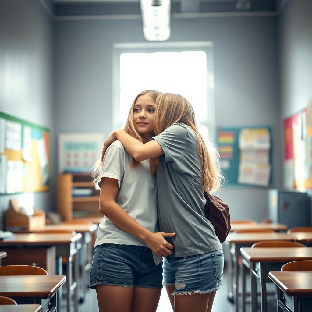 A very realistic and intimate scene depicting two blonde teen girls hugging and sharing a kiss in a classroom