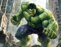 Digital art of The Hulk in a dynamic pose, roaring in the midst of a cityscape.