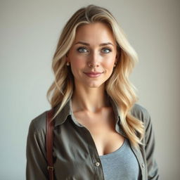 A 34-year-old woman with light-colored hair and European Slavic features, dressed modestly in casual yet stylish clothing, with no décolletage or sexualized details