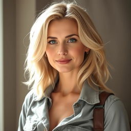 A 34-year-old woman with light-colored hair and European Slavic features, dressed modestly in casual yet stylish clothing, with no décolletage or sexualized details