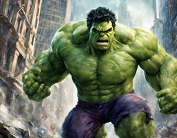 Digital art of The Hulk in a dynamic pose, roaring in the midst of a cityscape.