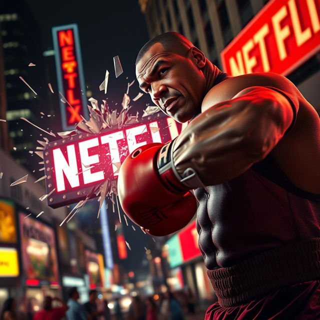 A dramatic scene featuring Mike Tyson, flexing his muscles and wearing boxing gloves, as he delivers a powerful punch to a large, glowing Netflix sign