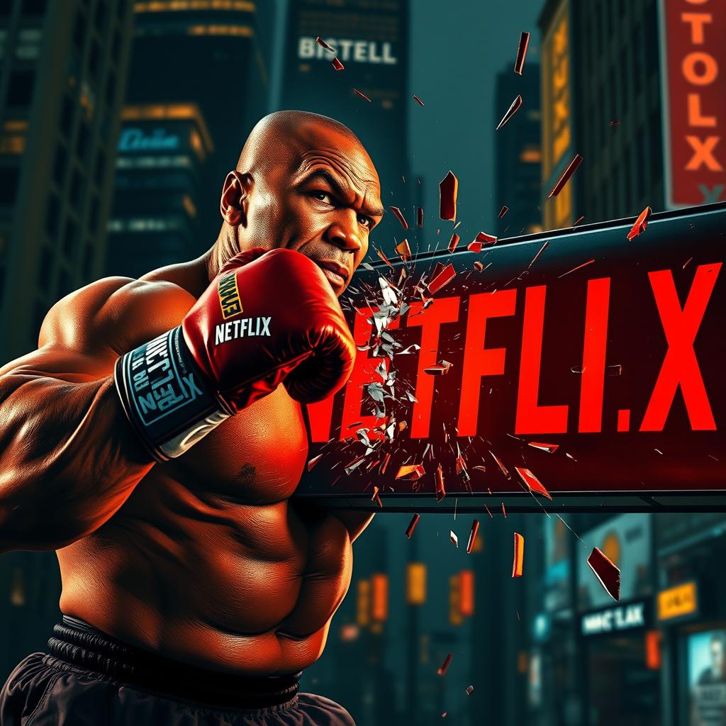 A dramatic scene featuring Mike Tyson, flexing his muscles and wearing boxing gloves, as he delivers a powerful punch to a large, glowing Netflix sign