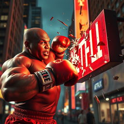 A dramatic scene featuring Mike Tyson, flexing his muscles and wearing boxing gloves, as he delivers a powerful punch to a large, glowing Netflix sign