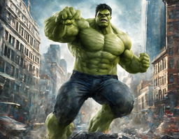 Digital art of The Hulk in a dynamic pose, roaring in the midst of a cityscape.