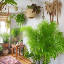 A bohemian style room filled with a variety of lush, vibrant plants, designed in a simple and cute way.