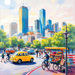 An impressionist painting of a vibrant and bustling cityscape, capturing the lively atmosphere filled with pedestrians, cyclists, and classic cars
