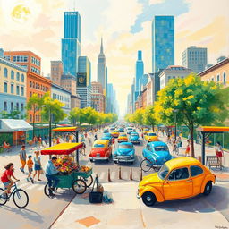 An impressionist painting of a vibrant and bustling cityscape, capturing the lively atmosphere filled with pedestrians, cyclists, and classic cars