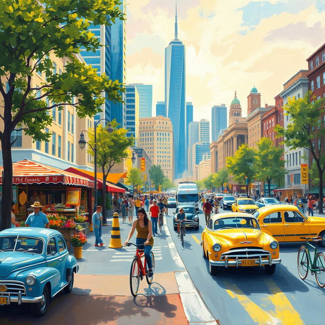 An impressionist painting of a vibrant and bustling cityscape, capturing the lively atmosphere filled with pedestrians, cyclists, and classic cars