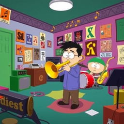 A cartoonish depiction of a lively music room in a South Park-style animation