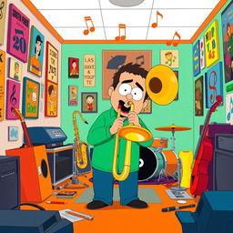 A cartoonish depiction of a lively music room in a South Park-style animation