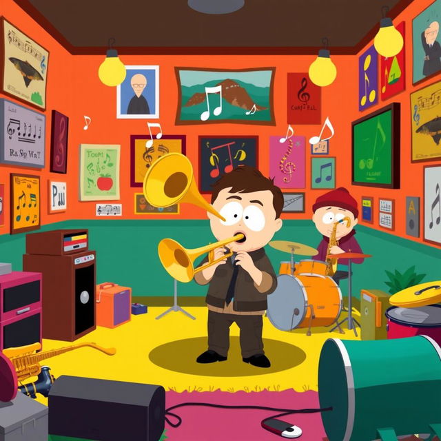 A cartoonish depiction of a lively music room in a South Park-style animation